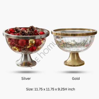 Glass Pedestal Bowl with Metal Base | Decorative Fruit Bowl Stand (Gold & Silver) - Cake Stands