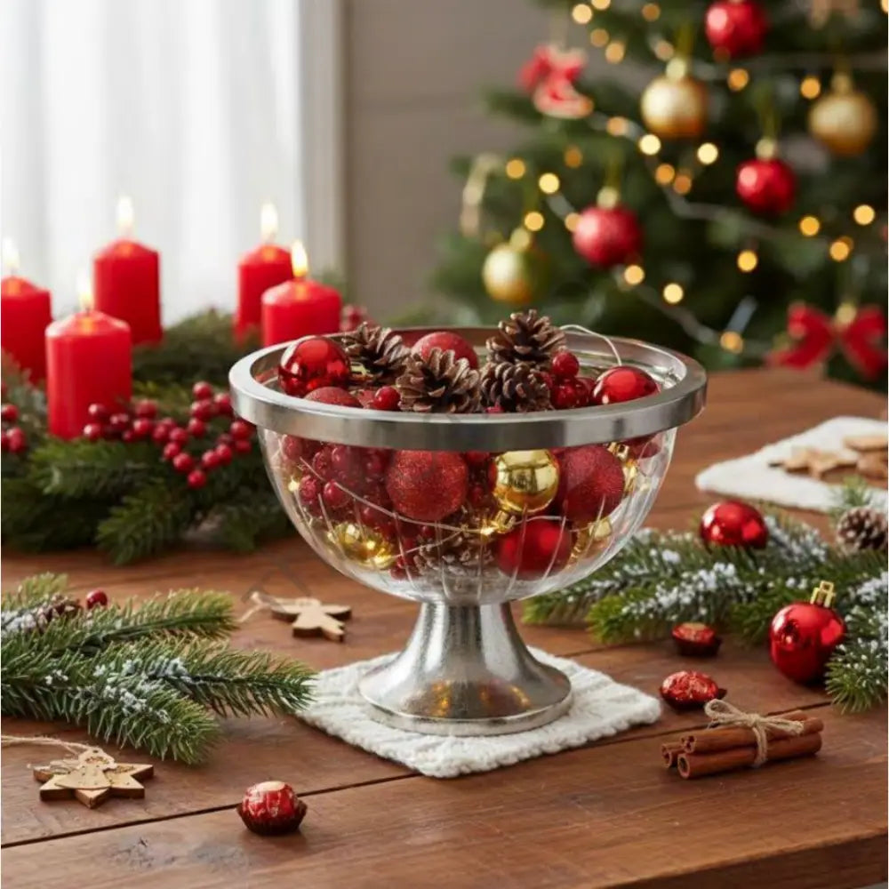 Glass Pedestal Bowl with Metal Base | Decorative Fruit Bowl Stand (Gold & Silver) - Cake Stands
