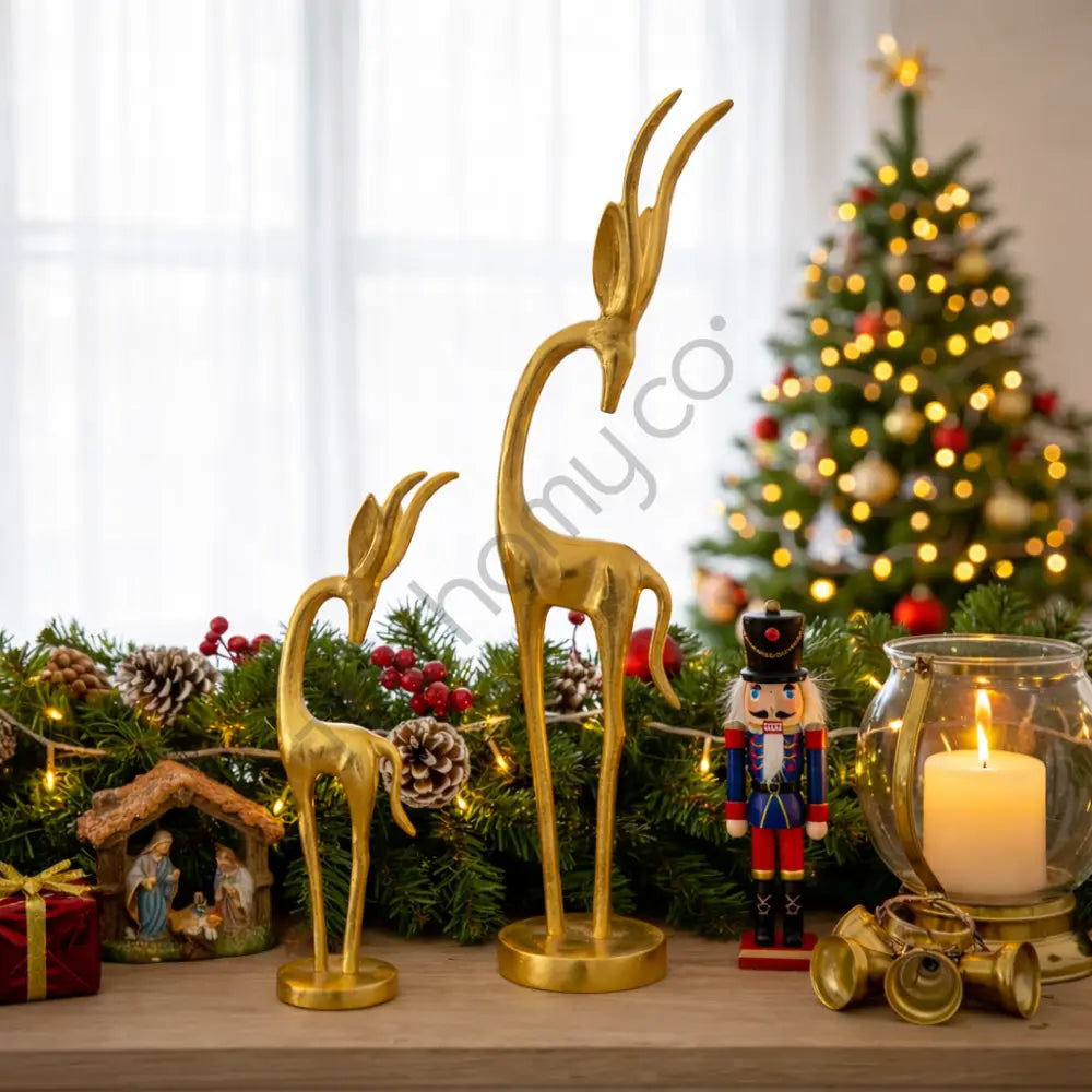 Gold Deer Figurine Set of 2 | Decorative Metal Animal Sculpture for Home Decor - Showpieces