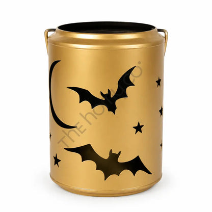 Matte gold metal Halloween candle lantern featuring flying bat and moon cutouts for spooky festive decor.