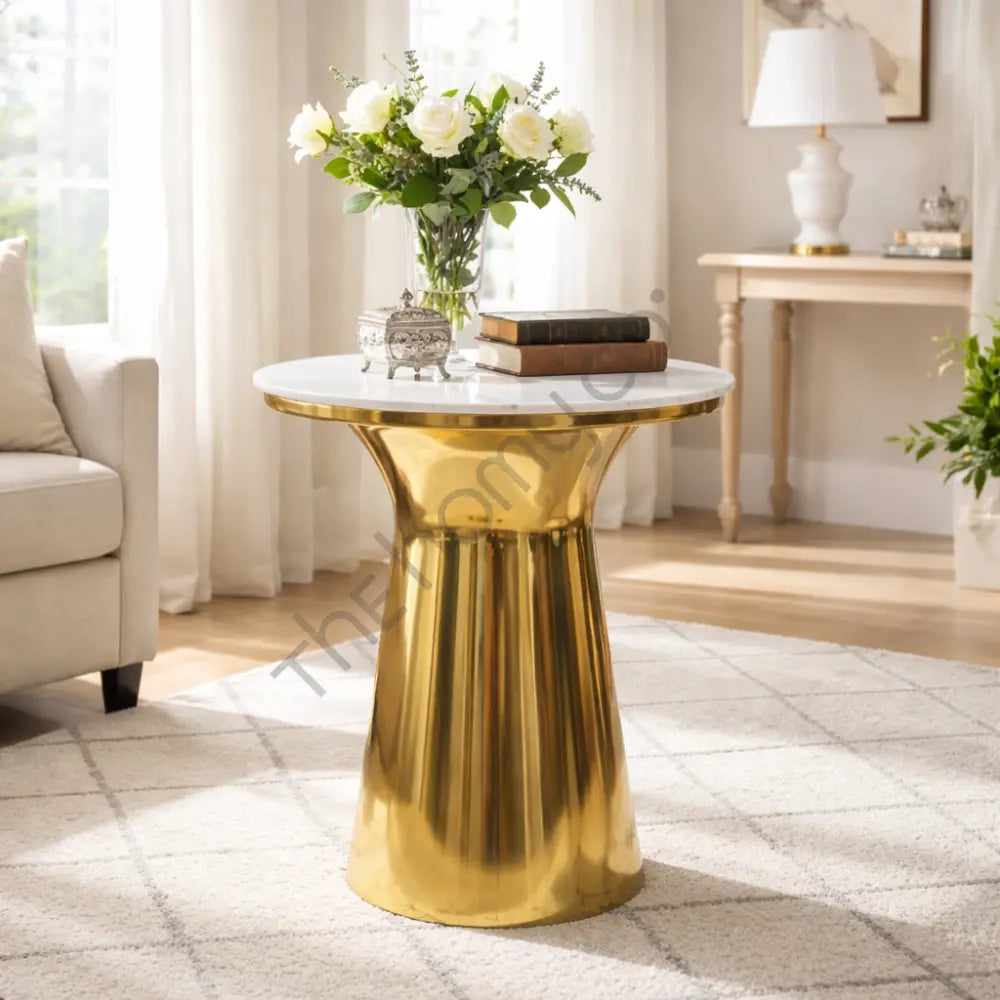 Gold Metal Side Table with Marble Top - Tables