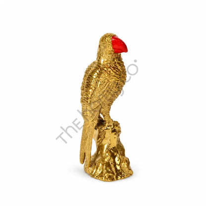 Elegant gold parrot figurine with a striking red beak for modern metal home decor.