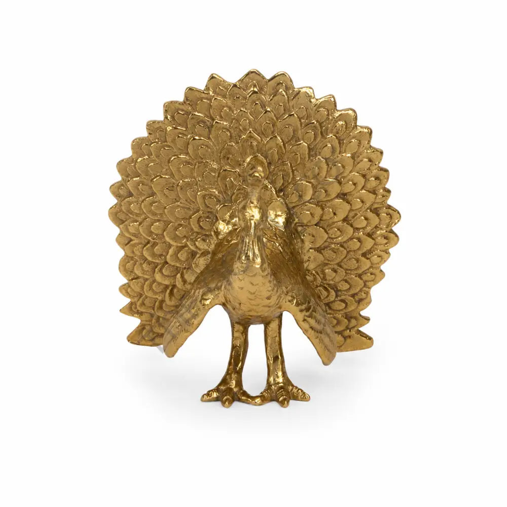 Elegant gold peacock bird sculpture with detailed feathers for modern home decor.