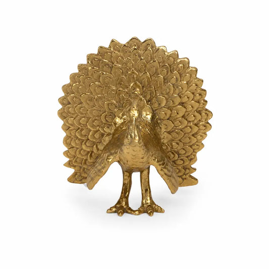 Elegant gold peacock bird sculpture with detailed feathers for modern home decor.