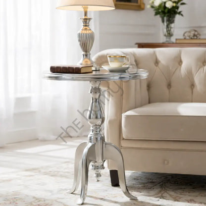 Gold round luxury side table with a pedestal base for living room and bedroom home decor. - 3