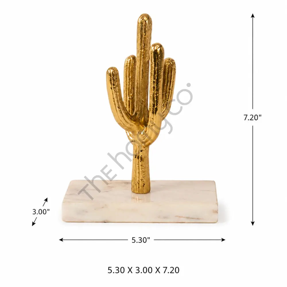 Elegant golden cactus showpiece with a metallic finish on a premium white marble base for modern home decor. - 2