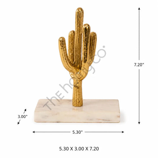 Elegant golden cactus showpiece with a metallic finish on a premium white marble base for modern home decor. - 2