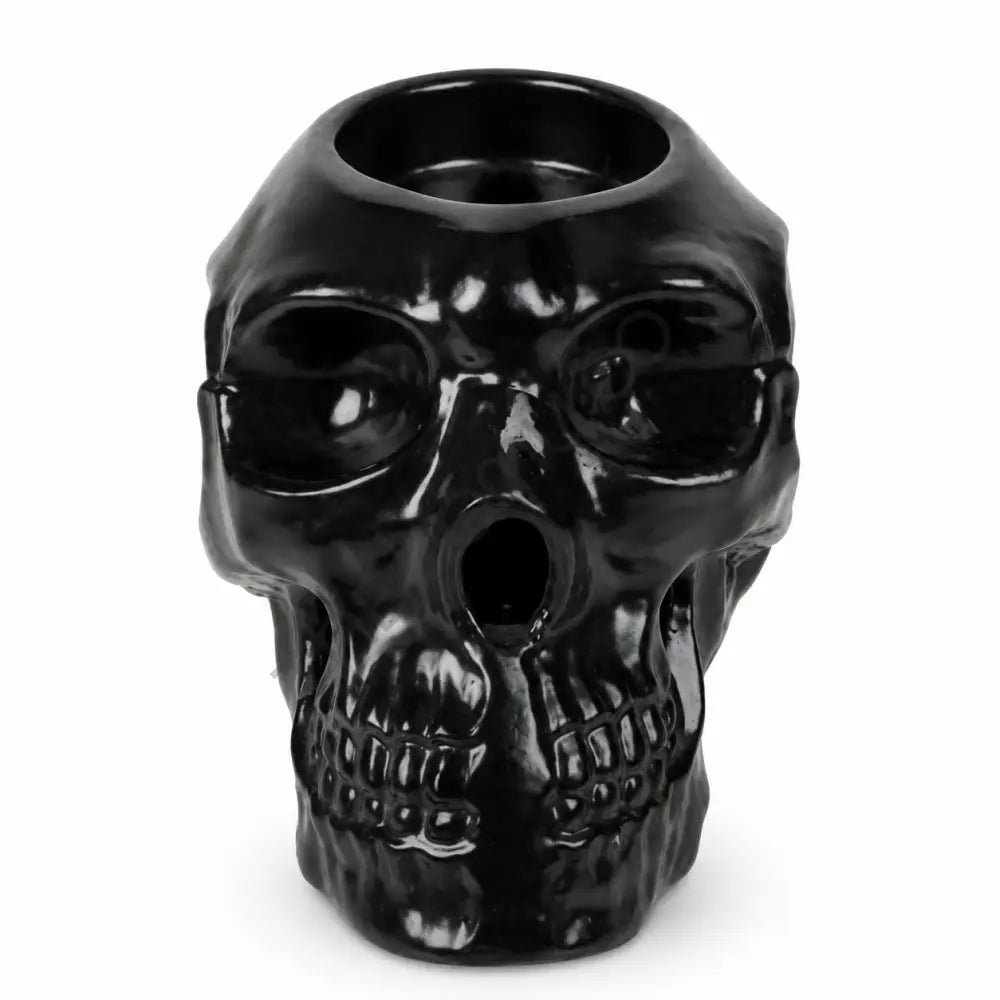 Glossy black ceramic gothic skull planter and decorative flower pot for home and office decor.