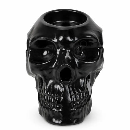 Glossy black ceramic gothic skull planter and decorative flower pot for home and office decor.