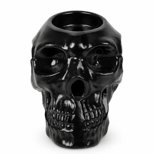 Glossy black ceramic gothic skull planter and decorative flower pot for home and office decor.