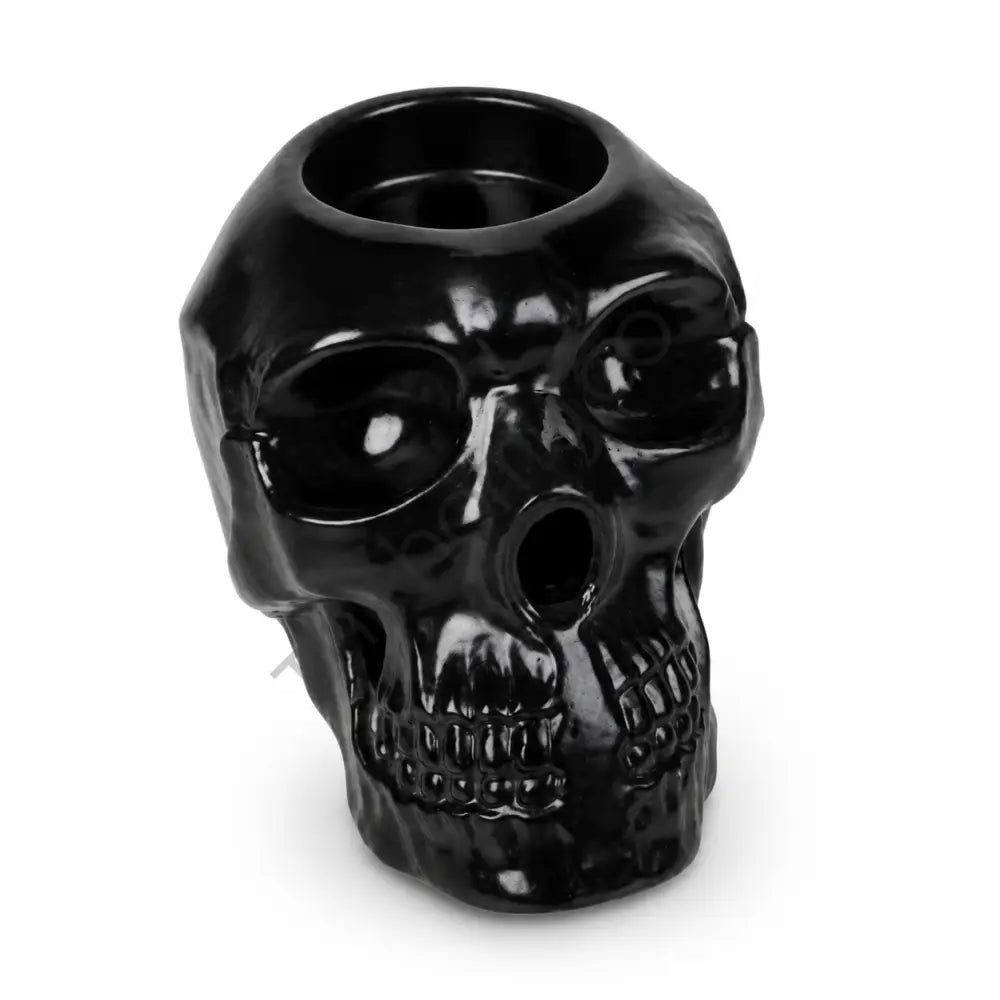 Glossy black ceramic gothic skull planter and decorative flower pot for home and office decor. - 2