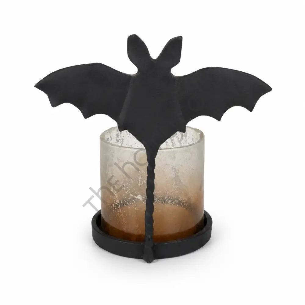 Halloween bat mercury glass candle holder with a black metal silhouette for spooky gothic home decor.