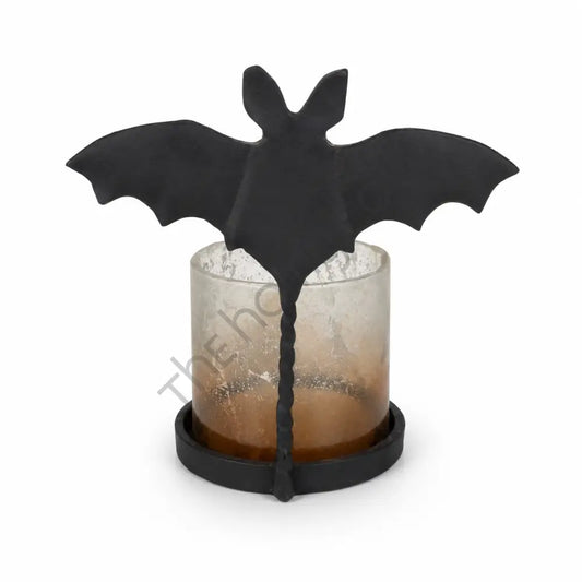 Halloween bat mercury glass candle holder with a black metal silhouette for spooky gothic home decor.