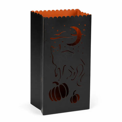 Black cat metal lantern with moon and star cutouts for Halloween home decor.