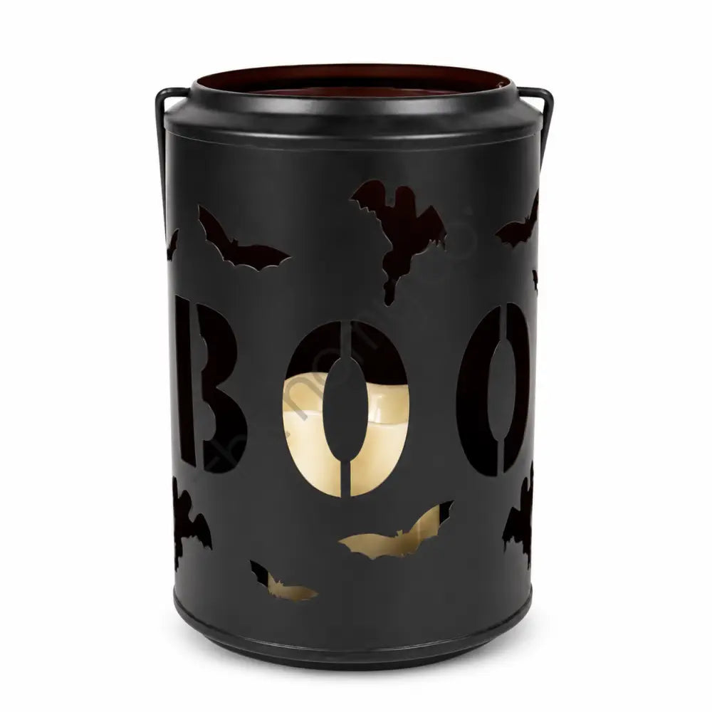 Black metal BOO candle lantern holder with bat cutouts for Halloween home decor.