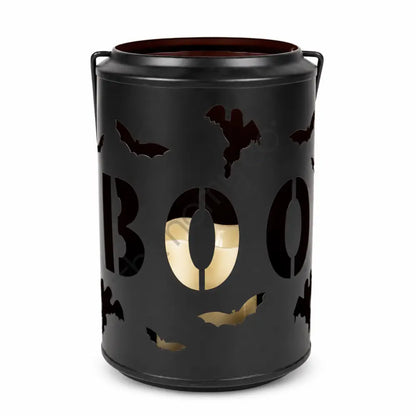 Black metal BOO candle lantern holder with bat cutouts for Halloween home decor.