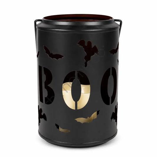 Black metal BOO candle lantern holder with bat cutouts for Halloween home decor.