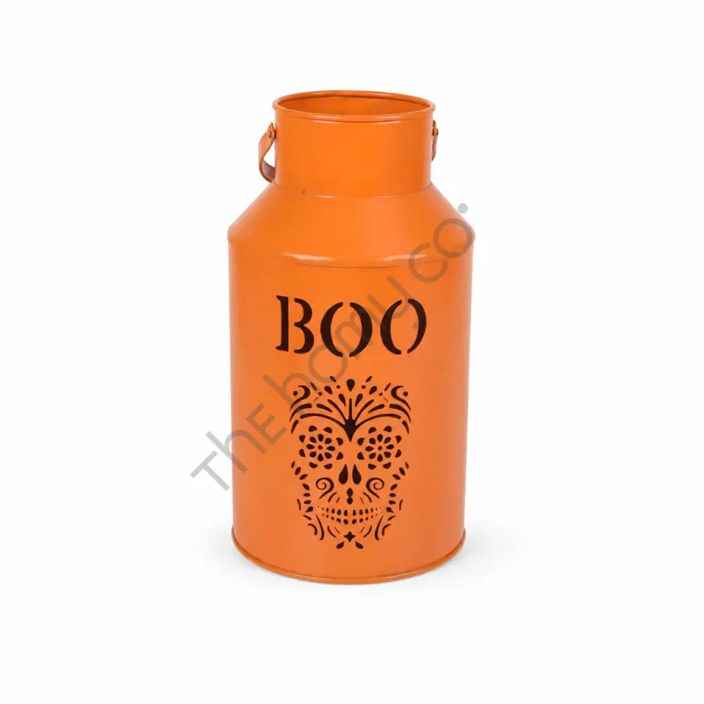 Orange orange metal BOO sugar skull lantern for Halloween tabletop and porch decor.