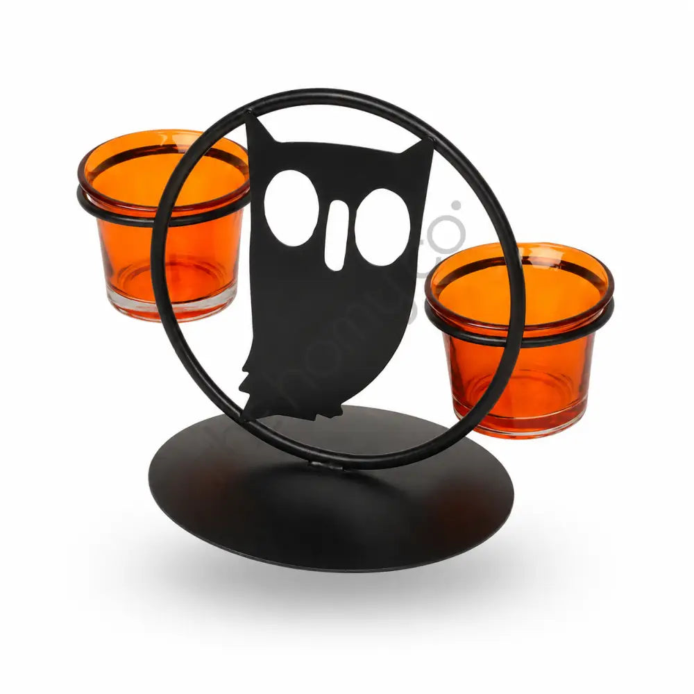 Black metal ghost silhouette double tealight candle holder with orange glass votives for Halloween decor. - 2