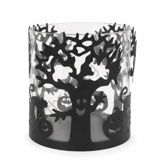 Halloween glass candle holder featuring a black tree silhouette and pumpkin details for spooky festive decor.