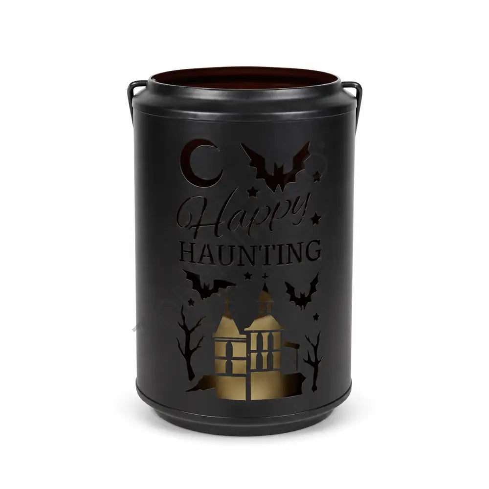 Black matte Halloween haunted house metal candle lantern holder with spooky cutouts for festive home decor.
