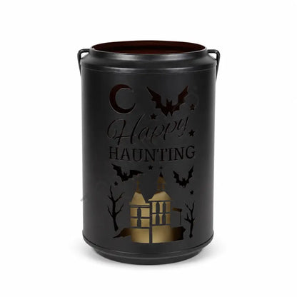 Black matte Halloween haunted house metal candle lantern holder with spooky cutouts for festive home decor.