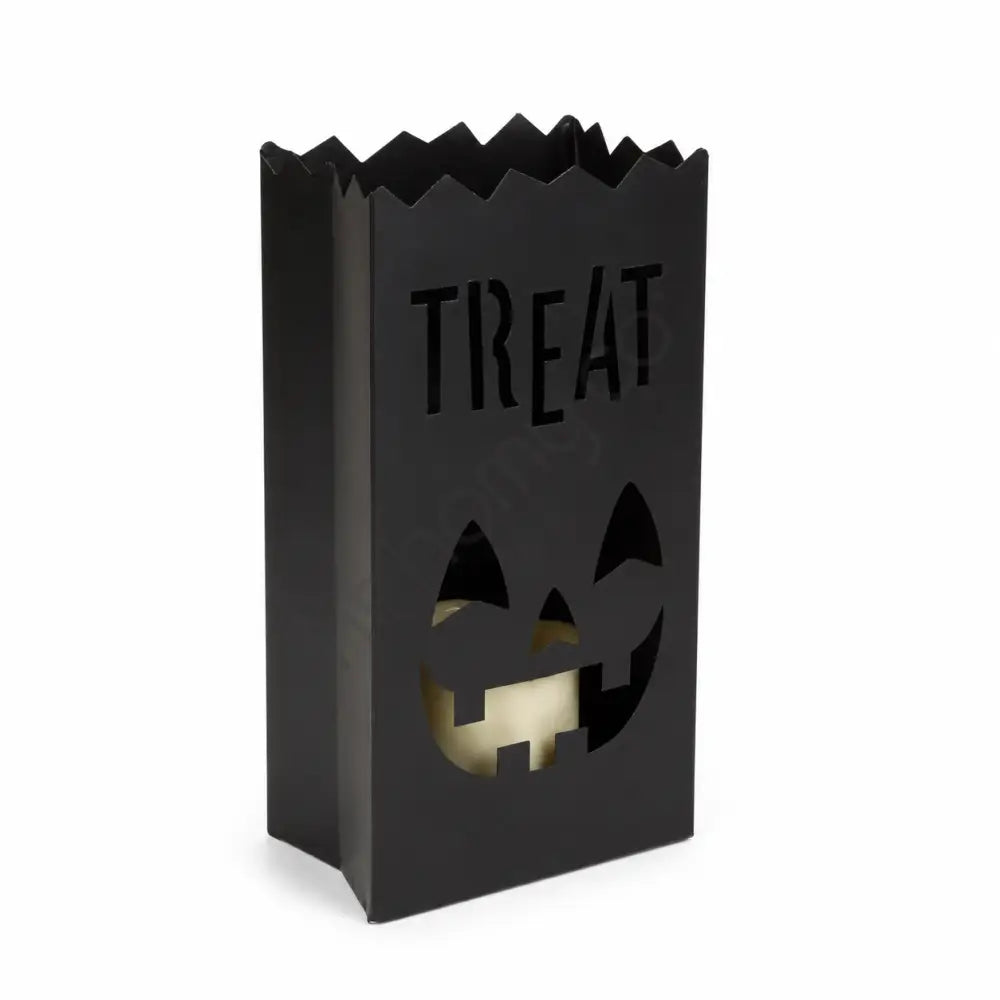 Matte black "Treat" bag-style metal lantern holder with smiling jack-o-lantern cutout for Halloween decor.