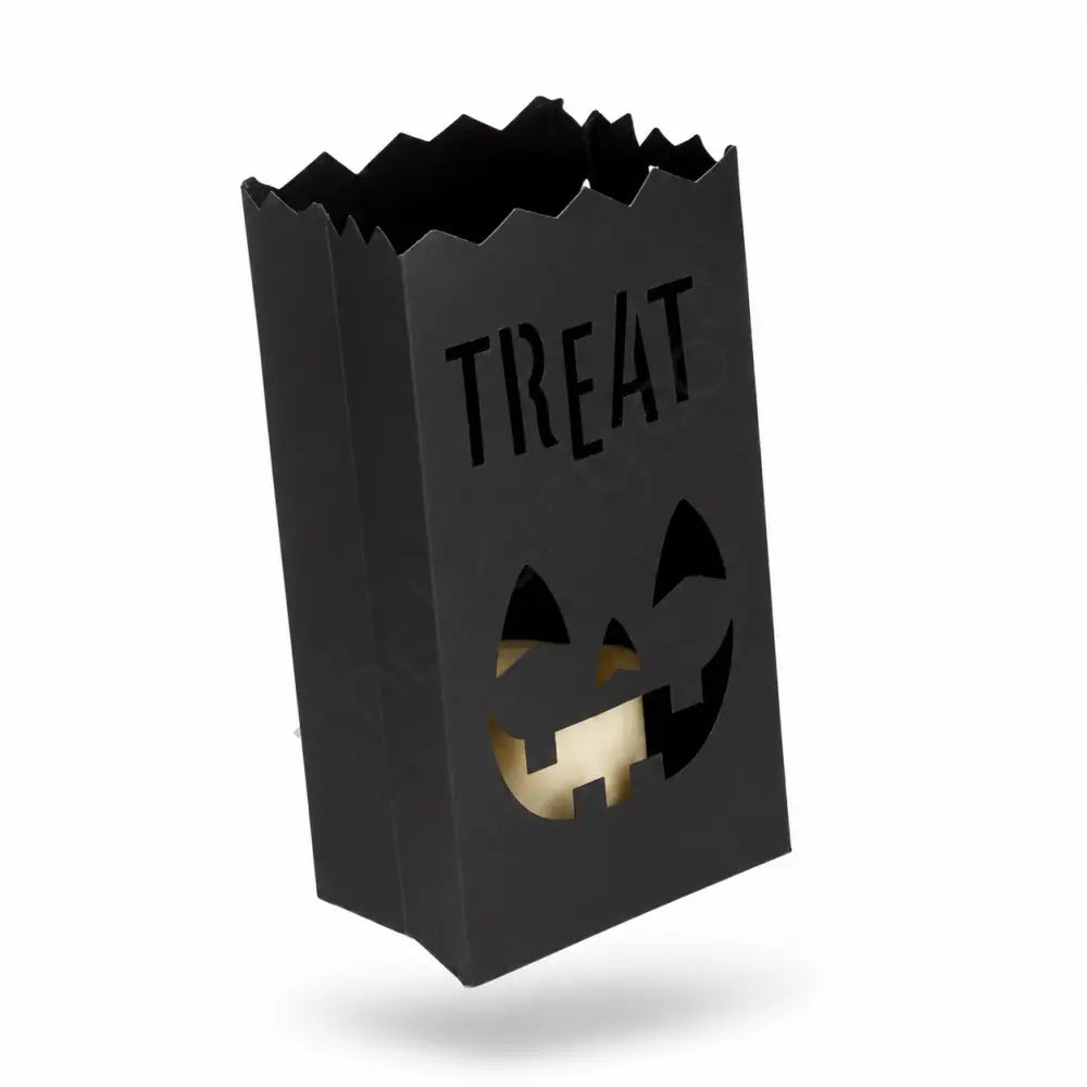 Matte black "Treat" bag-style metal lantern holder with smiling jack-o-lantern cutout for Halloween decor. - 2