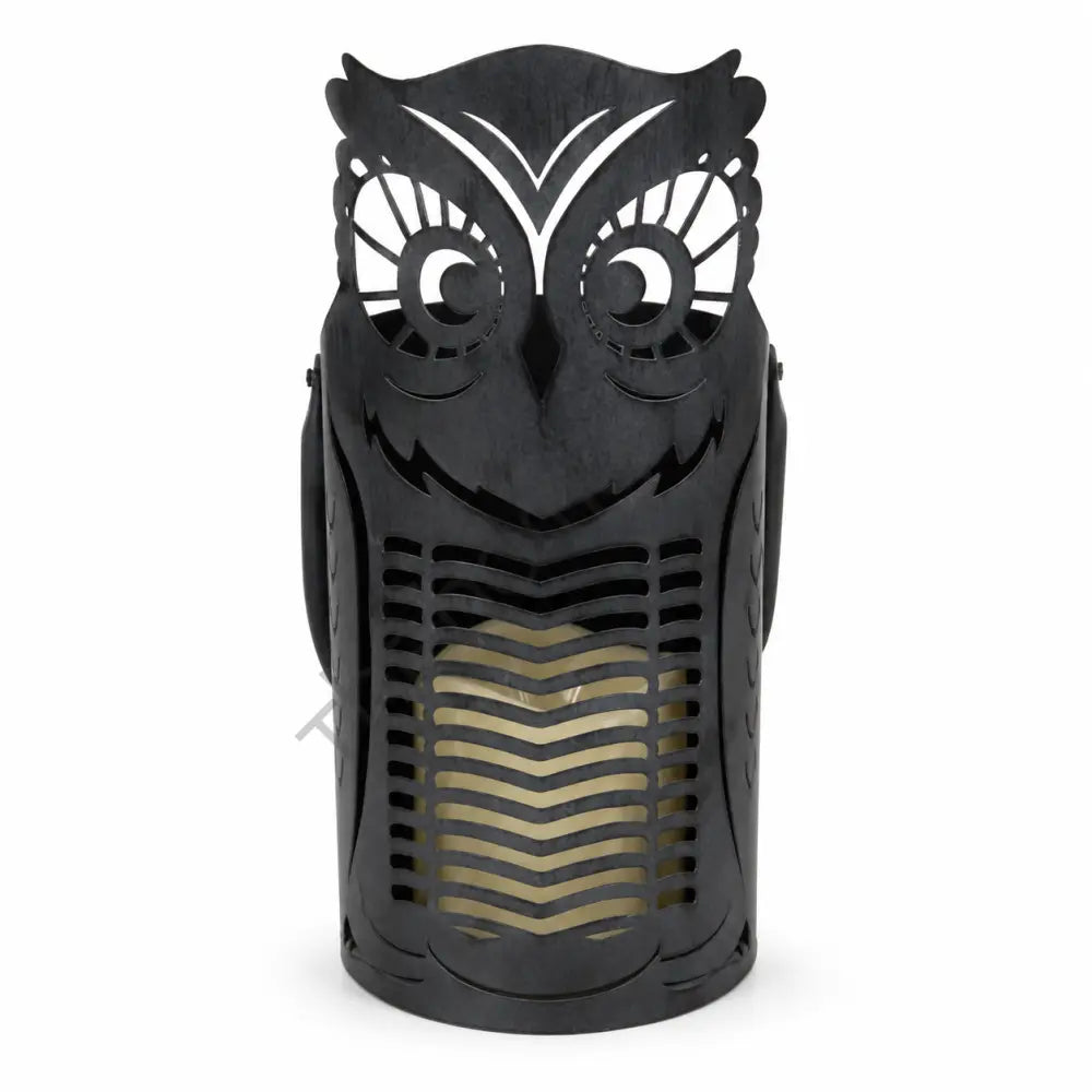 Black metal owl lantern candle holder with intricate cutout detailing for Halloween home decor.