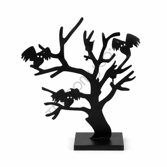 Gothic black metal owl tree candle holder stand for spooky Halloween tabletop and mantel decor.