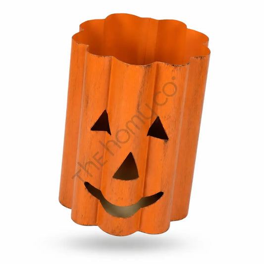 Rustic orange metal Halloween pumpkin lantern with a jack-o-lantern cutout face for spooky home decor. - 2