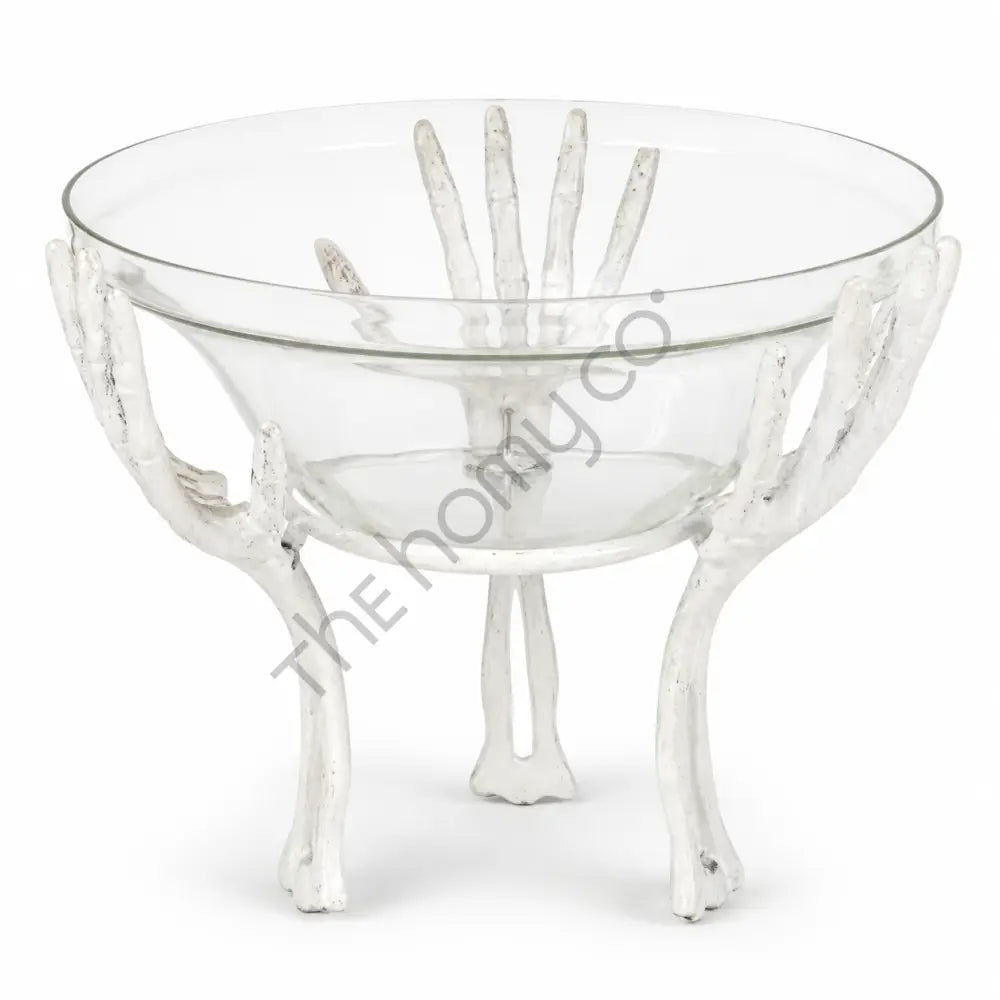 Halloween skeleton hand glass serving bowl for spooky party table decor.