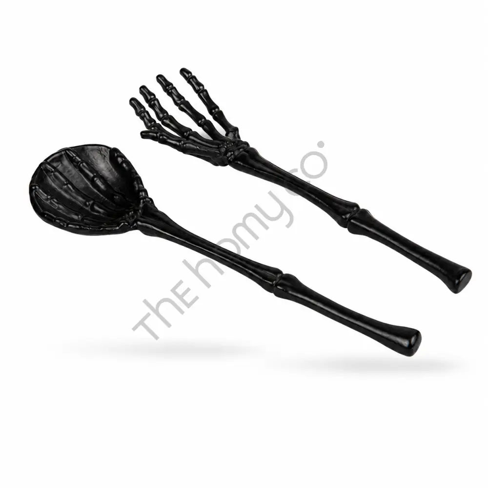 Black skeleton hand spoon and fork serving set with bone-inspired handles for Halloween party table decor. - 2