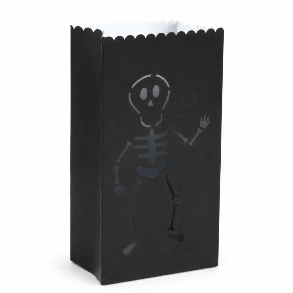Black metal skeleton luminary lantern bag for Halloween candle decor.