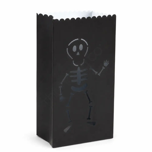 Black metal skeleton luminary lantern bag for Halloween candle decor.