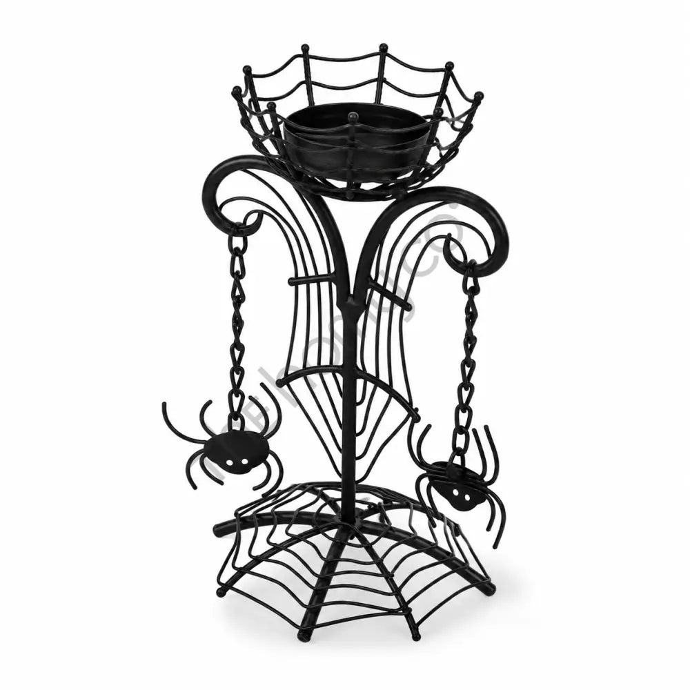 Black metal Halloween spider web candle holder stand with hanging spider ornaments for gothic home decor. - 2