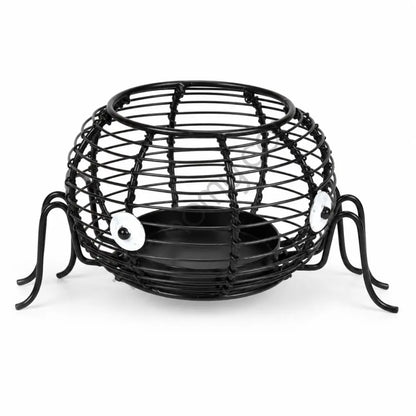Black metal spider-shaped wire tealight candle holder for spooky Halloween home decor.
