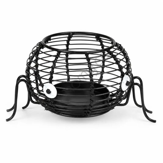 Black metal spider-shaped wire tealight candle holder for spooky Halloween home decor.