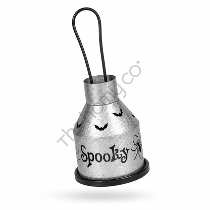 Rustic silver metal Halloween lantern with Spooky cutout design for holiday candle decor. - 2