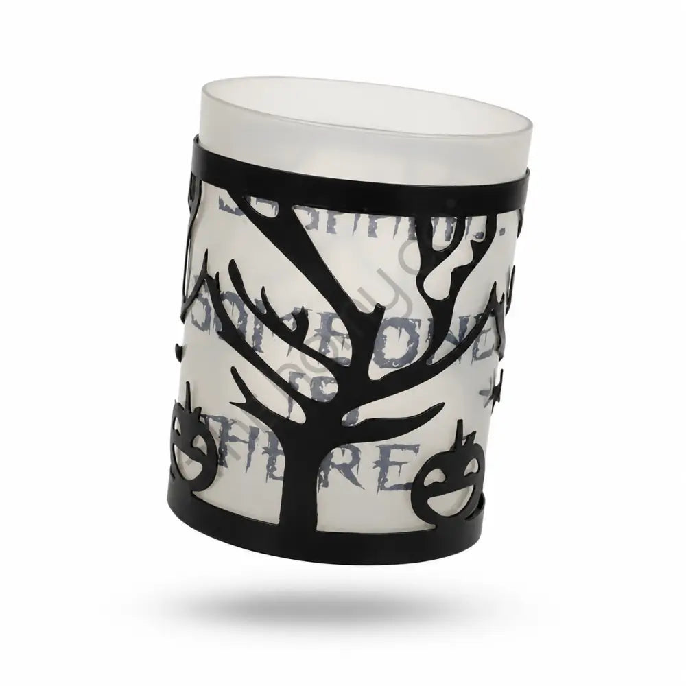Black metal Halloween tree candle holder with frosted glass and haunted branch cutouts for spooky tabletop decor. - 2