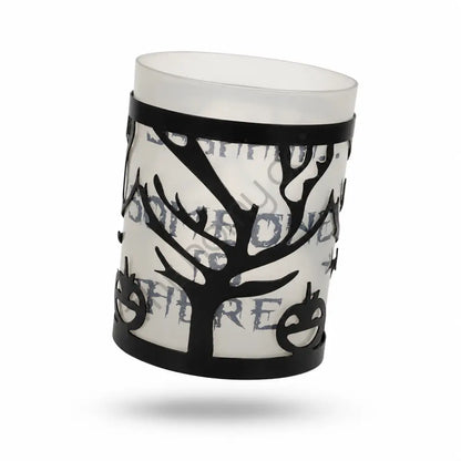 Black metal Halloween tree candle holder with frosted glass and haunted branch cutouts for spooky tabletop decor. - 2