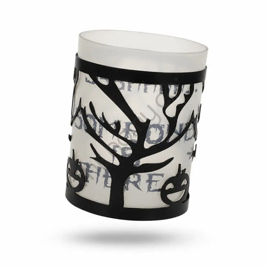Black metal Halloween tree candle holder with frosted glass and haunted branch cutouts for spooky tabletop decor. - 2