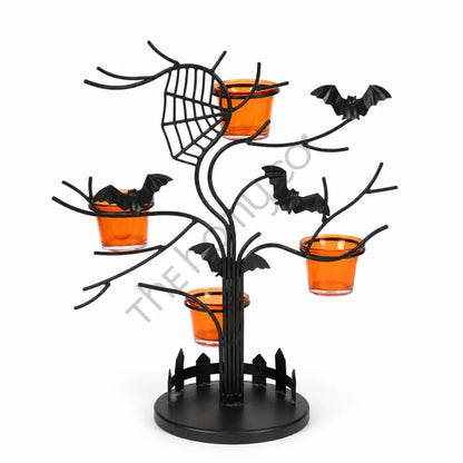 Halloween tree-shaped tealight candle holder stand with orange glass cups and bat accents for spooky home decor.
