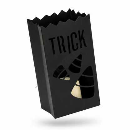 Matte black metal Halloween lantern with TRICK and candy corn cutouts for festive home decor. - 2