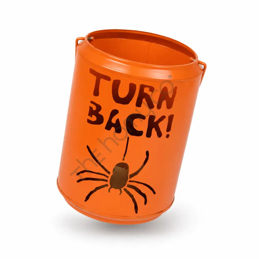 Orange Halloween trick-or-treat metal candy bucket with spider artwork and Turn Back text for spooky party decor. - 2