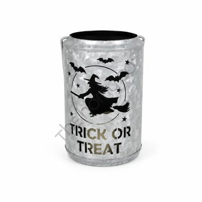 Rustic galvanized silver metal Halloween Trick or Treat lantern candle holder with witch and bat cutout design for spooky home decor.