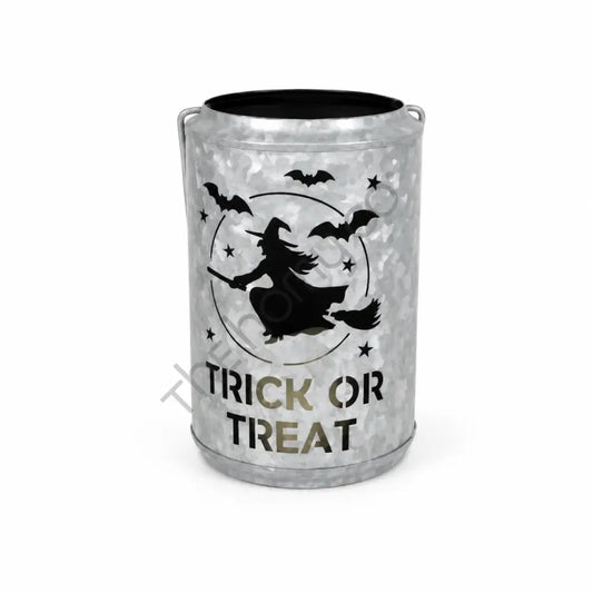 Rustic galvanized silver metal Halloween Trick or Treat lantern candle holder with witch and bat cutout design for spooky home decor.