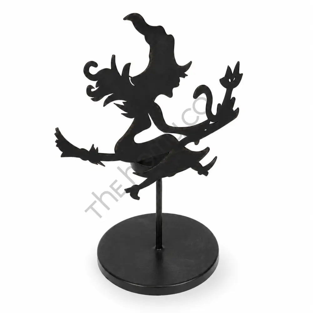 Black metal Halloween witch and cat silhouette candle holder for spooky tea light decor. - 2