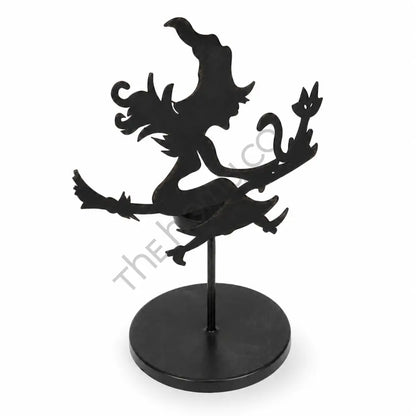 Black metal Halloween witch and cat silhouette candle holder for spooky tea light decor. - 2