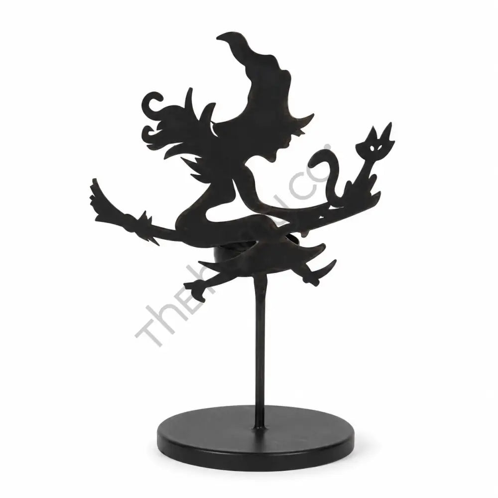 Black metal Halloween witch and cat silhouette candle holder for spooky tea light decor.
